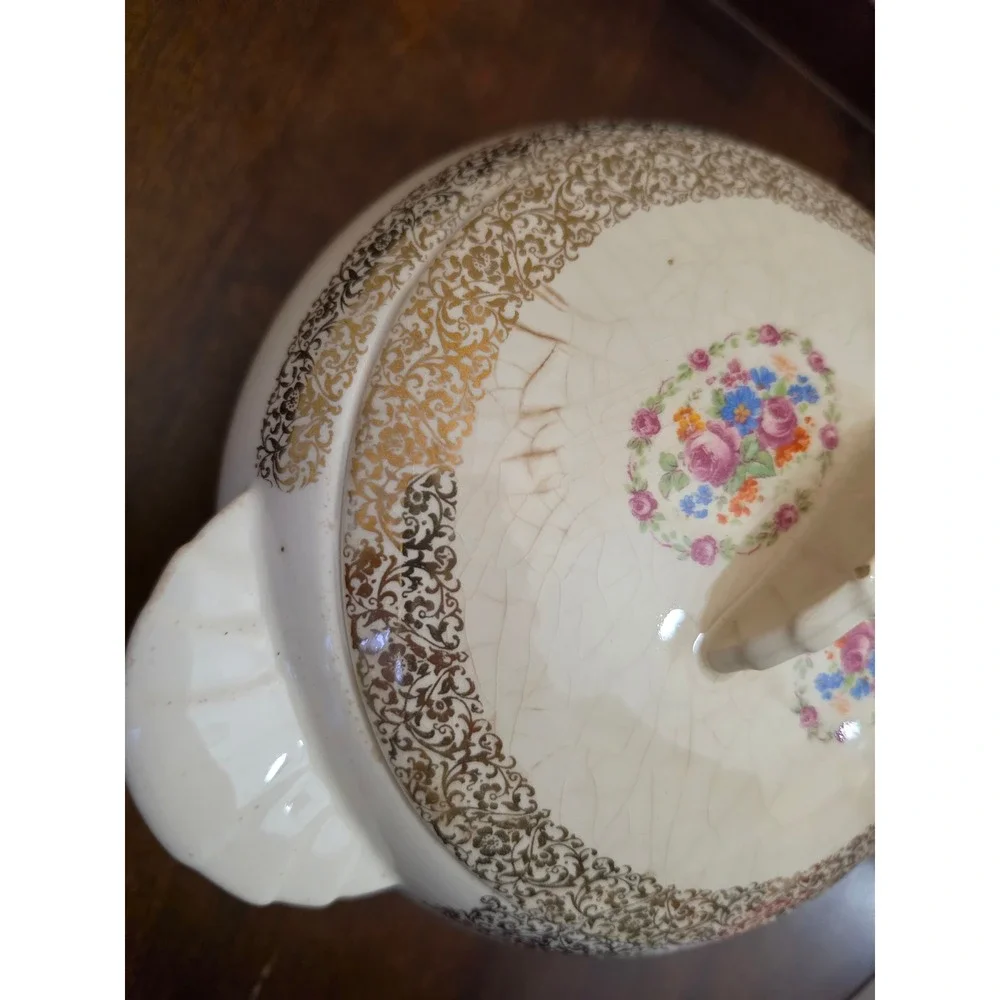 Vintage Paden City Pottery Bak-Serv Lidded Tureen Casserole Dish 22K Gold 1930s